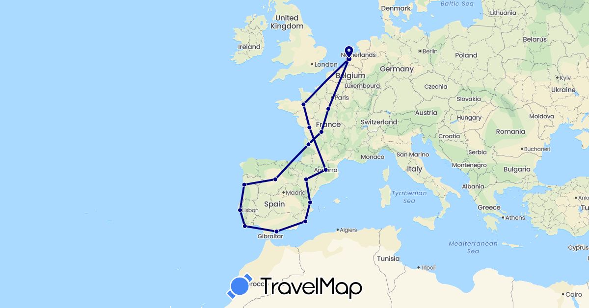TravelMap itinerary: driving in Andorra, Spain, France, Netherlands, Portugal (Europe)